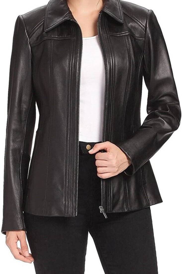 Women’s black formal trench style zipper leather coat