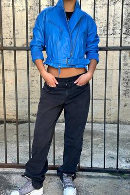 Women’s blue slim fit biker lambskin leather jacket -asymmetrical zipper 1