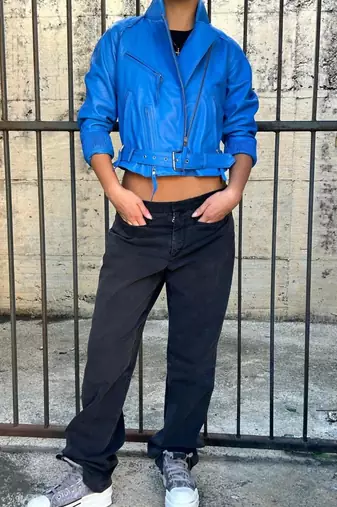 Women’s blue slim fit biker lambskin leather jacket -asymmetrical zipper