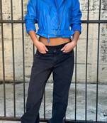 Women’s blue slim fit biker lambskin leather jacket -asymmetrical zipper