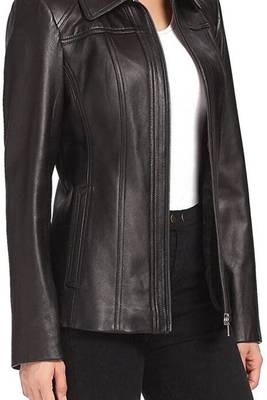 Women’s black formal trench style zipper leather coat 3