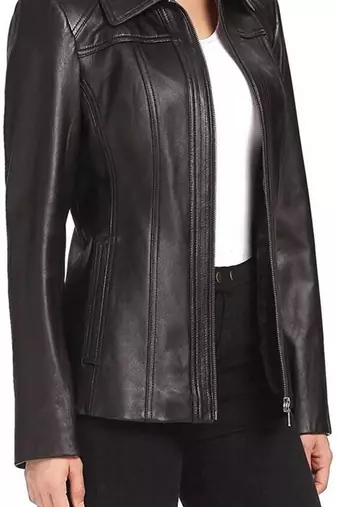 Women’s black formal trench style zipper leather coat