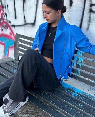 Women’s blue slim fit biker lambskin leather jacket -asymmetrical zipper 2