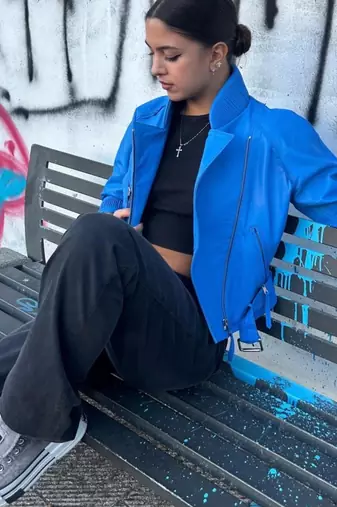 Women’s blue slim fit biker lambskin leather jacket -asymmetrical zipper