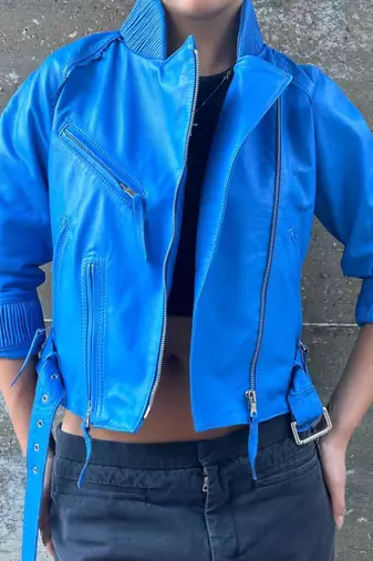Women’s blue slim fit biker lambskin leather jacket -asymmetrical zipper