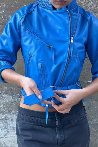 Women’s blue slim fit biker lambskin leather jacket -asymmetrical zipper
