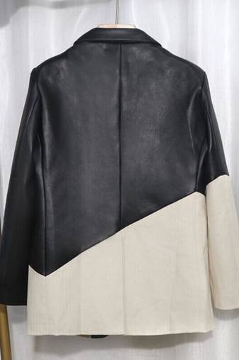 Women’s black white formal trench style button leather coat