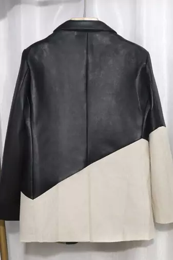 Women’s black white formal trench style button leather coat