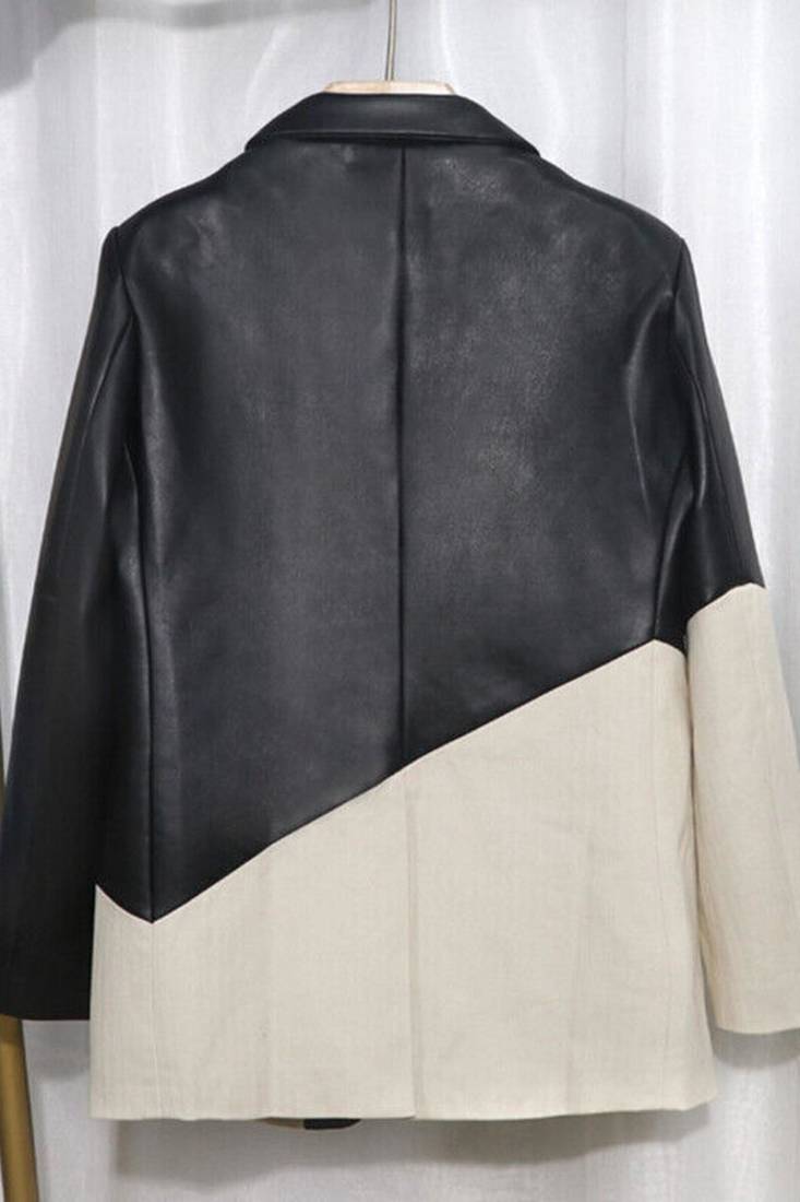 Women’s black white formal trench style button leather coat