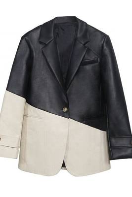 Women’s black white formal trench style button leather coat 2