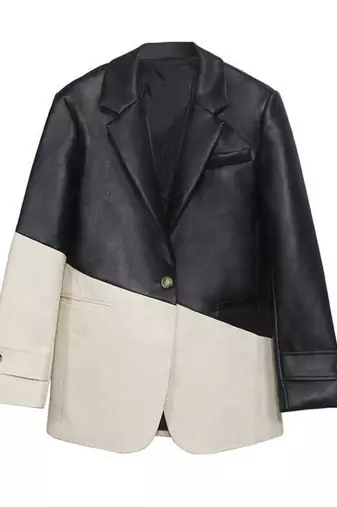Women’s black white formal trench style button leather coat