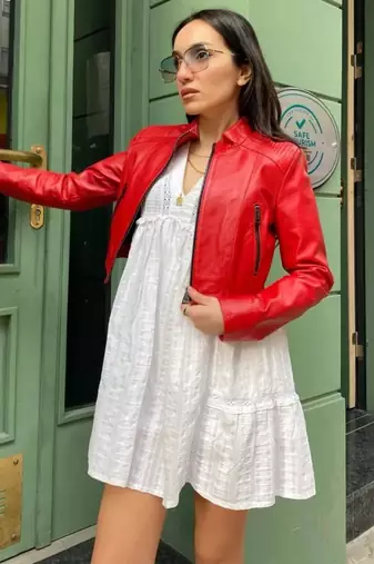Women’s red lambskin leather jacket style elegant jacket