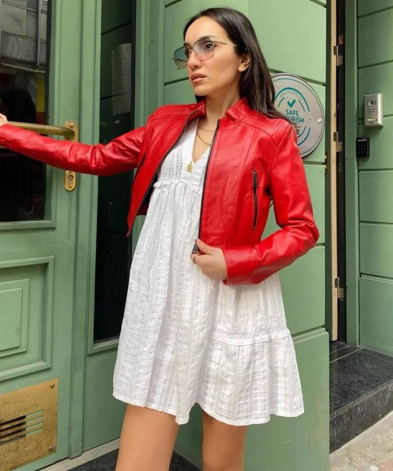 Women’s red lambskin leather jacket style elegant jacket
