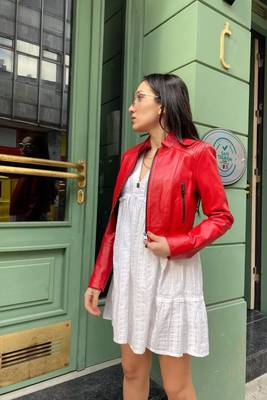 Women’s red lambskin leather jacket style elegant jacket 2