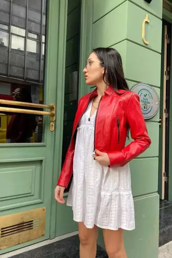 Women’s red lambskin leather jacket style elegant jacket