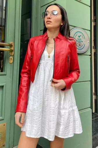 Women’s red lambskin leather jacket style elegant jacket