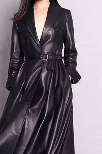 Women’s black mid-length trench style leather coat