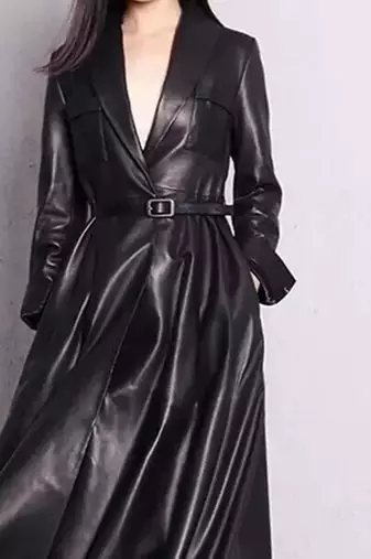 Women’s black mid-length trench style leather coat