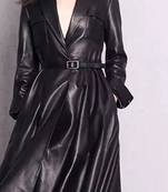 Women’s black mid-length trench style leather coat