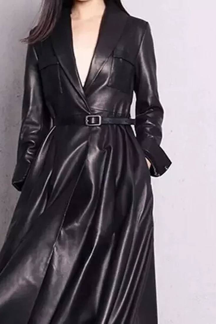 Women’s black mid-length trench style leather coat