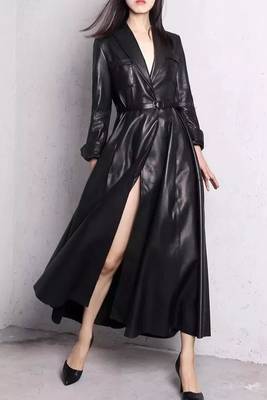 Women’s black mid-length trench style leather coat 2