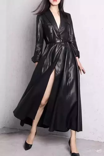 Women’s black mid-length trench style leather coat