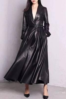 Women’s black mid-length trench style leather coat 3