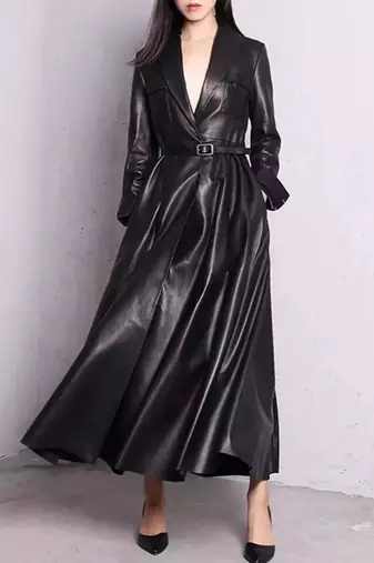Women’s black mid-length trench style leather coat