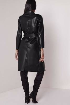 Women’s black belted full-length safari-inspired leather trench coat 2