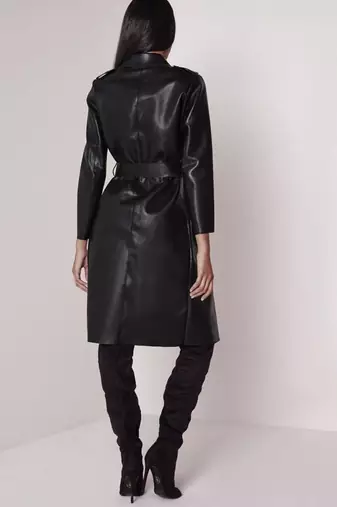 Women’s black belted full-length safari-inspired leather trench coat