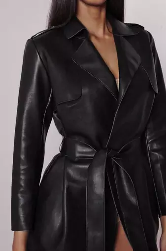 Women’s black belted full-length safari-inspired leather trench coat