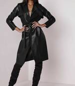 Women’s black belted full-length safari-inspired leather trench coat