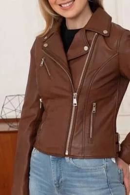 Women’s brown lambskin leather jacket- multiple zipper  biker stylish look 1
