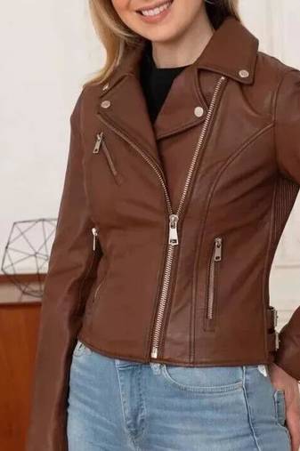 Women’s brown lambskin leather jacket- multiple zipper  biker stylish look