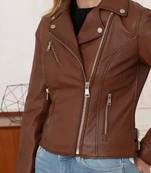 Women’s brown lambskin leather jacket- multiple zipper  biker stylish look