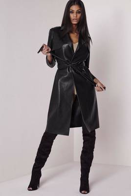 Women’s black belted full-length safari-inspired leather trench coat 4