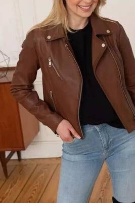 Women’s brown lambskin leather jacket- multiple zipper  biker stylish look 2
