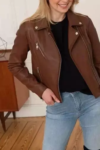 Women’s brown lambskin leather jacket- multiple zipper  biker stylish look