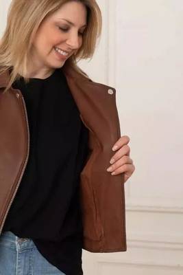 Women’s brown lambskin leather jacket- multiple zipper  biker stylish look 3