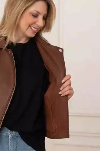 Women’s brown lambskin leather jacket- multiple zipper  biker stylish look