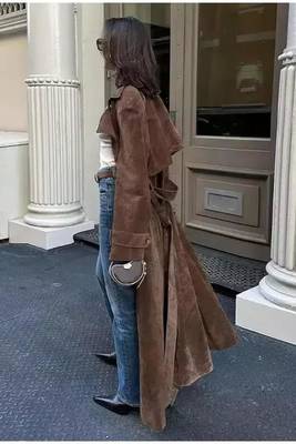 Women’s brown suede belted full-length safari-inspired leather trench coat 2
