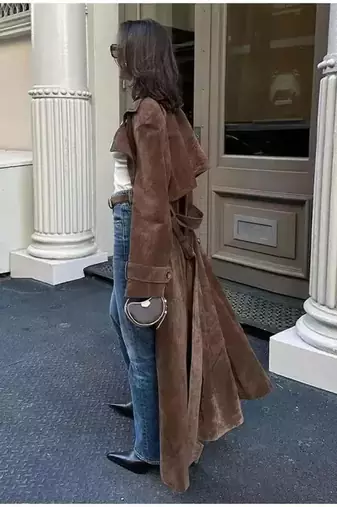 Women’s brown suede belted full-length safari-inspired leather trench coat