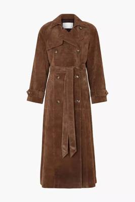 Women’s brown suede belted full-length safari-inspired leather trench coat 1