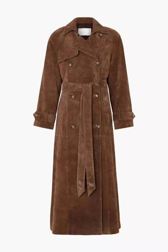 Women’s brown suede belted full-length safari-inspired leather trench coat