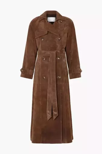 Women’s brown suede belted full-length safari-inspired leather trench coat