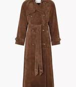 Women’s brown suede belted full-length safari-inspired leather trench coat