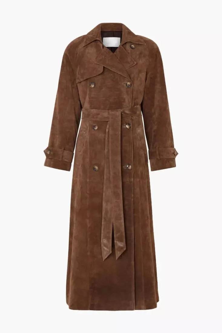 Women’s brown suede belted full-length safari-inspired leather trench coat