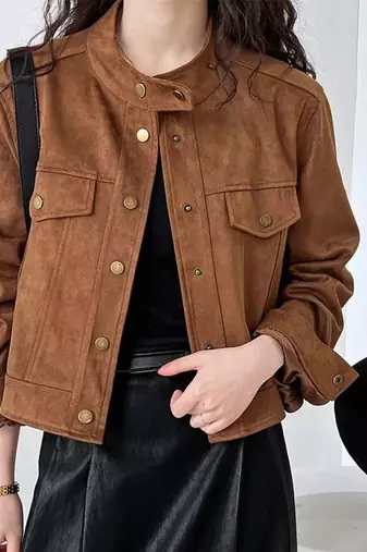 Women’s brown suede lambskin leather jacket- multiple button pockets