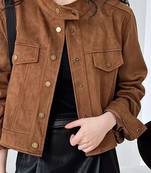 Women’s brown suede lambskin leather jacket- multiple button pockets
