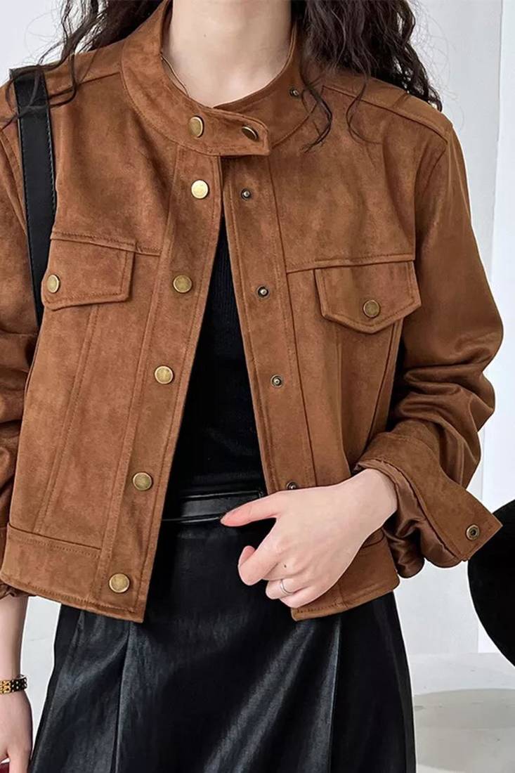 Women’s brown suede lambskin leather jacket- multiple button pockets